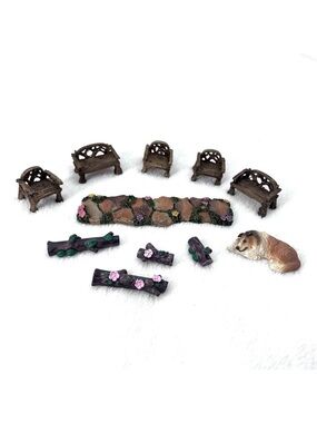 VTG Miniature Dollhouse Resin Outdoor Garden Chairs Stepping Stones & Dog